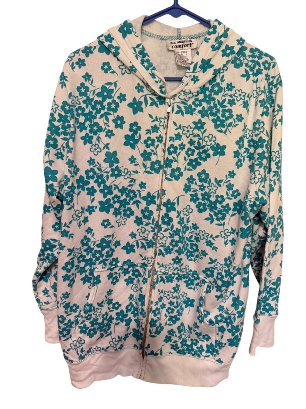 All American Comfort Sweatshirt Hooded White Aqua Blue Floral Full Zip L